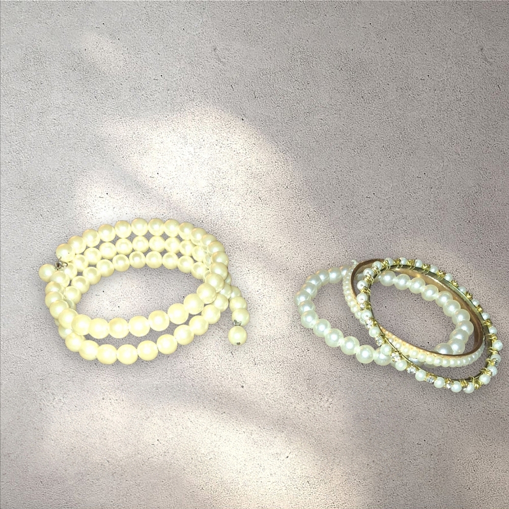 Lot Faux Pearl Bracelets Wrap, Stretch, Thin Bangle Fashion Bundle - Picture 2 of 6
